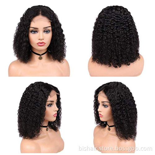 BIS Bob 4*4 Curly Wave Human Hair Closure Wig With Natural Color Bob Transparent Frontal Lace 150 Density Bob Wigs  For Woman